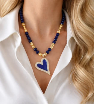 Naszyjnik niebieskie serce granatowe koraliki STAL SZLACHETNA