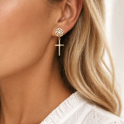 Kolczyki ze STALI CHIRURGICZNEJ krzyże rozeta kolor złoty