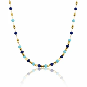 Naszyjnik niebieskie koraliki ze STALI CHIRURGICZNEJ złoty  