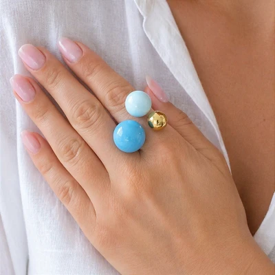 Pierścionek z emaliowanymi kulami niebieski POZŁACANA STAL  