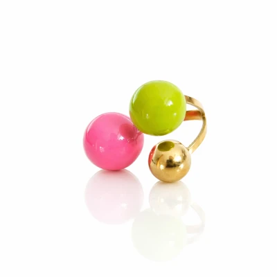 Pierścionek z emaliowanymi kulami różowy zielony POZŁACANA STAL 