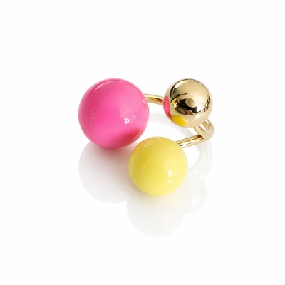 Pierścionek z emaliowanymi kulkami różowy żółty POZŁACANA STAL 