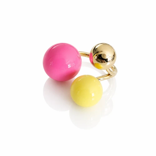 Pierścionek z emaliowanymi kulkami różowy żółty POZŁACANA STAL