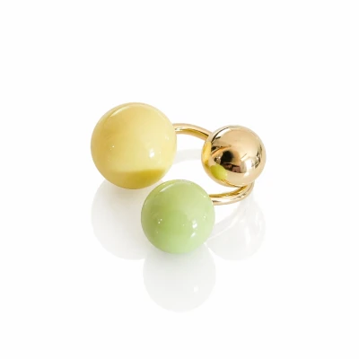 Pierścionek z emaliowanymi kulkami zielony żółty POZŁACANA STAL