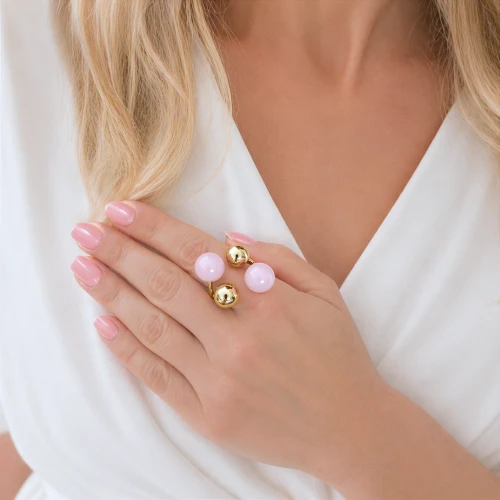 Pierścionek z emaliowanymi kulkami pudrowe POZŁACANA STAL