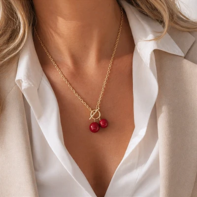 Naszyjnik emaliowane kule bordowe POZŁACANA STAL