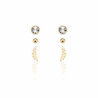 Kolczyki zestaw 3 pary kulki kryształy piórka POZŁACANA STAL 