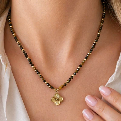  Naszyjnik koniczynka tygrysie oko ze STALI CHIRURGICZNEJ 