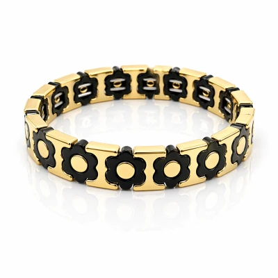 Bransoletka kwiaty czarna emalia pozłacana elastyczna