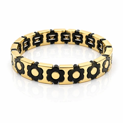 Bransoletka kwiatuszki z czarną emalią POZŁACANA