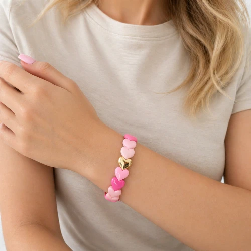 Bransoletka serca różowa emalia pozłacana elastyczna