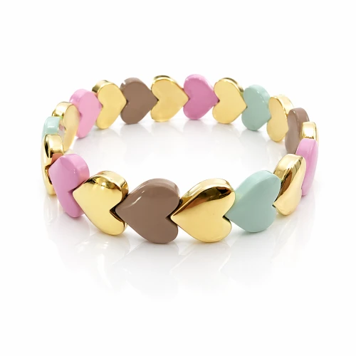 Bransoletka serca turkus, fiolet beż emalia pozłacana elastyczna