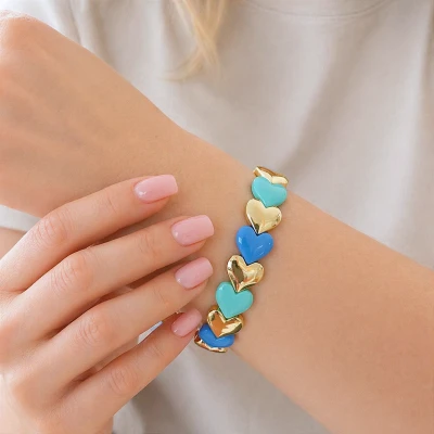 Bransoletka serca  turkus, niebieski emalia pozłacana elastyczna