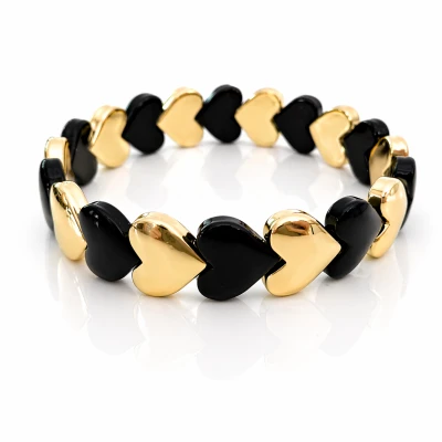 Bransoletka serca  czarne złote emalia pozłacana elastyczna 