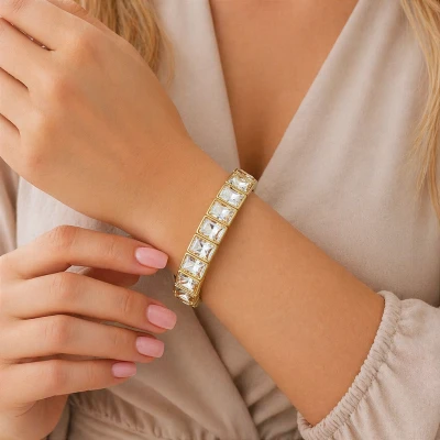 Bransoletka kryształy beżowa oprawa pozłacana elastyczna  