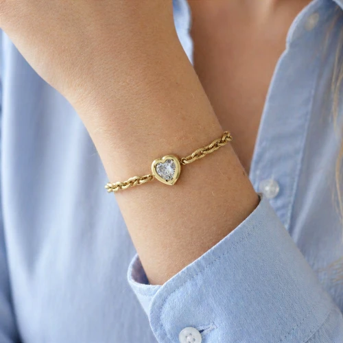 Bransoletka pancerka serce kryształ POZŁACANA STAL