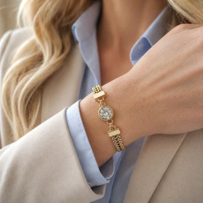 Bransoletka z kryształem pleciona POZŁACANA STAL  