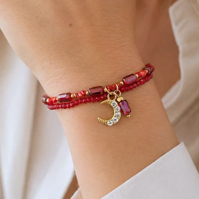 Zestaw bransoletek lunula kryształy bordowe koraliki ze STALI CHIRURIGCZNEJ  Premium