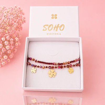 Zestaw bransoletek koniczynki kryształy bordowe koraliki POZŁACANA STAL PREMIUM