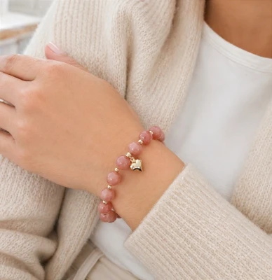 Bransolerka serduszko kwarc różowy POZŁACANA 