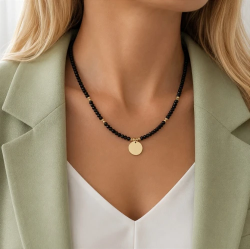 Naszyjnik monetka czarne turmaliny STAL POZŁACANA