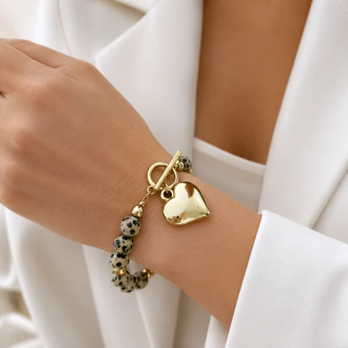 Bransoletka jaspis dalmatyński serce dmuchane POZŁACANA STAL