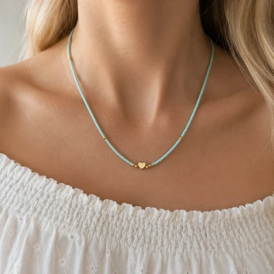 Choker z amazonitów ze złotym sercem – Mint Amazonite Love STAL POZŁACANA