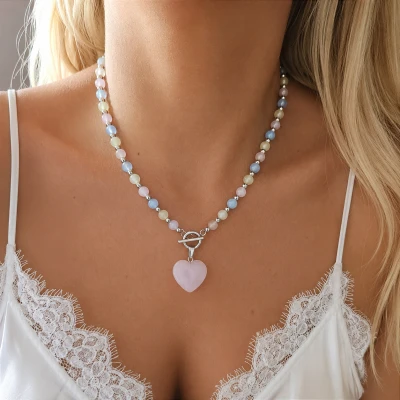 Naszyjnik srebrny choker serce kolorowe kamienie STAL SZLACHETNA