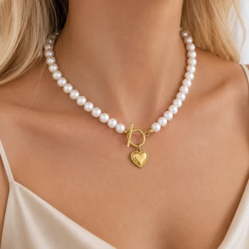 Naszyjnik choker perły serce POZŁACANA STAL 