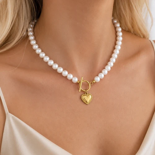 Naszyjnik choker perły serce POZŁACANA STAL