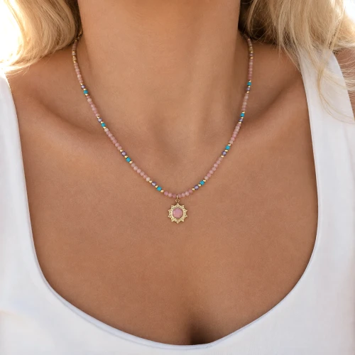 Naszyjnik Sunlit Quartz Choker z Kwarcem Różowym i Turkusami STAL POZŁACANA