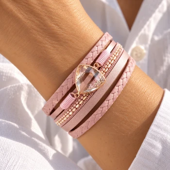 Bransoletka rzemykowa boho serce pudrowa POZLACANA 