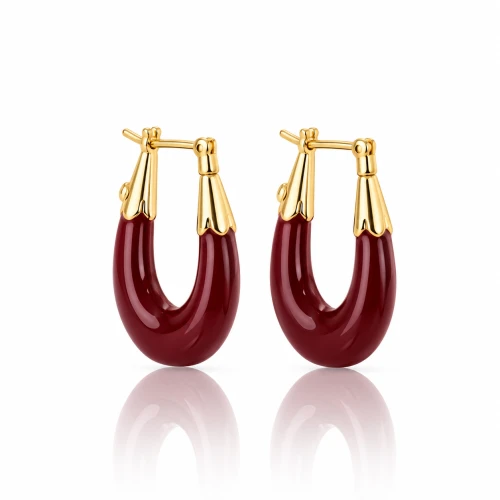 Eleganckie złote kolczyki Crimson Drop owalne z bordową emalią