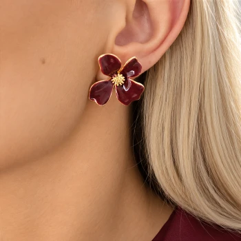 Złote kolczyki Burgundy Blossom kwiaty bordowe