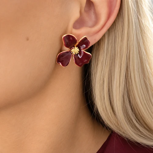 Złote kolczyki Burgundy Blossom kwiaty bordowe