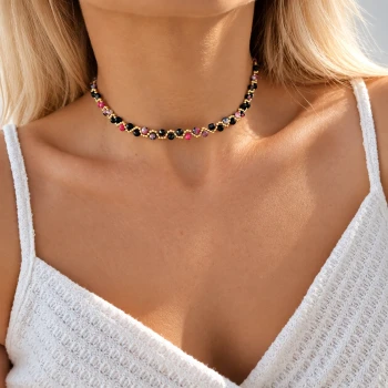 Naszyjnik choker Dark Fhusia kamienie STAL POZŁACANA 
