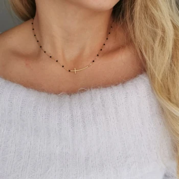 Naszyjnik BESTSELLER KRZYŻYK czarne koraliki ze STALI CHIRURGICZNEJ 