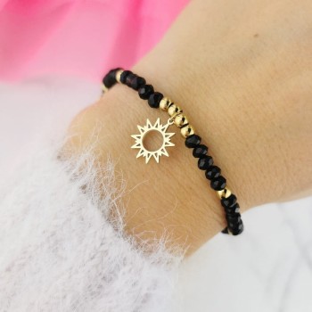 Bransoletka Słońce koraliki czarne i  złote STAL CHIRURGICZNA elastyczna 