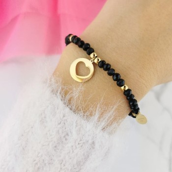 Bransoletka SERCE koraliki czarne i  złote STAL CHIRURGICZNA elastyczna  