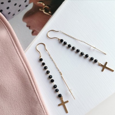 Kolczyki STAL CHIRURGICZNA Krzyże Kryształki czarne długie