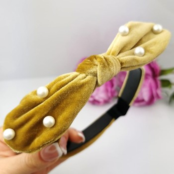 Opaska do włosów Kokarda perełki welurowa kolor złoty