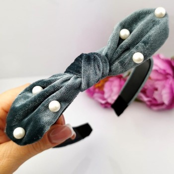 Opaska do włosów Kokarda perełki welurowa kolor grafitowy