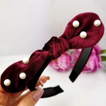 Opaska do włosów Kokarda perełki welurowa kolor bordowy