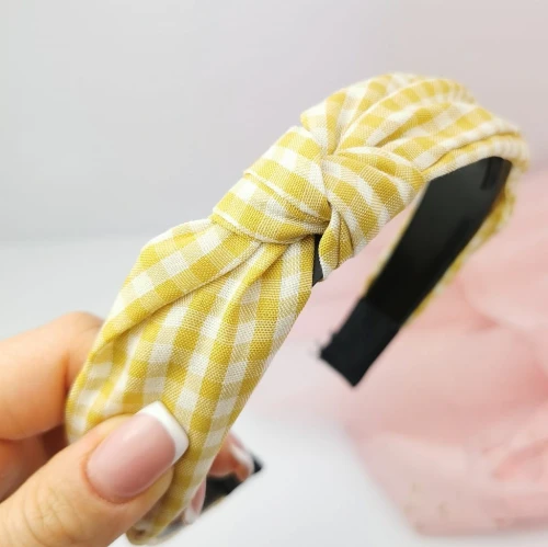 Opaska do włosów Węzeł turban w kratkę pepitka kolor żółty