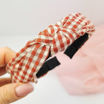 Opaska do włosów Węzeł turban w kratkę pepitka kolor czerwony