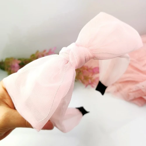 Opaska do włosów Tiulowa kokarda kolor pudrowy różowy