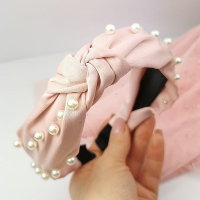 Opaska do włosów Węzeł turban perełki kolor pudrowy róż