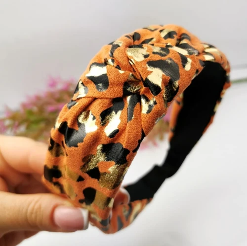 Opaska do włosów Węzeł turban zamsz centki wzorek kolor pomarańczowy