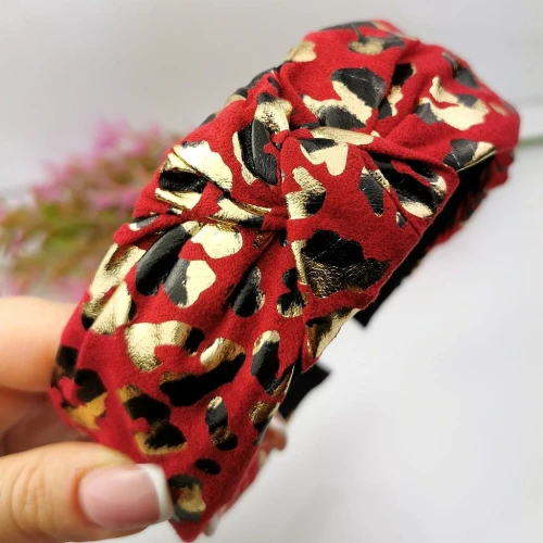Opaska do włosów Węzeł turban zamsz centki wzorek kolor bordowy