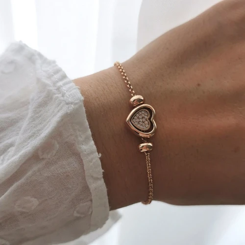 Bransoletka pozłacana SERDUSZKO serce  kryształki kuleczki rose gold